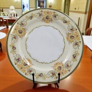 P.B. Japan Charm 9 7/8" Dinner Plate Floral Scroll Gold Green Trim 1950s